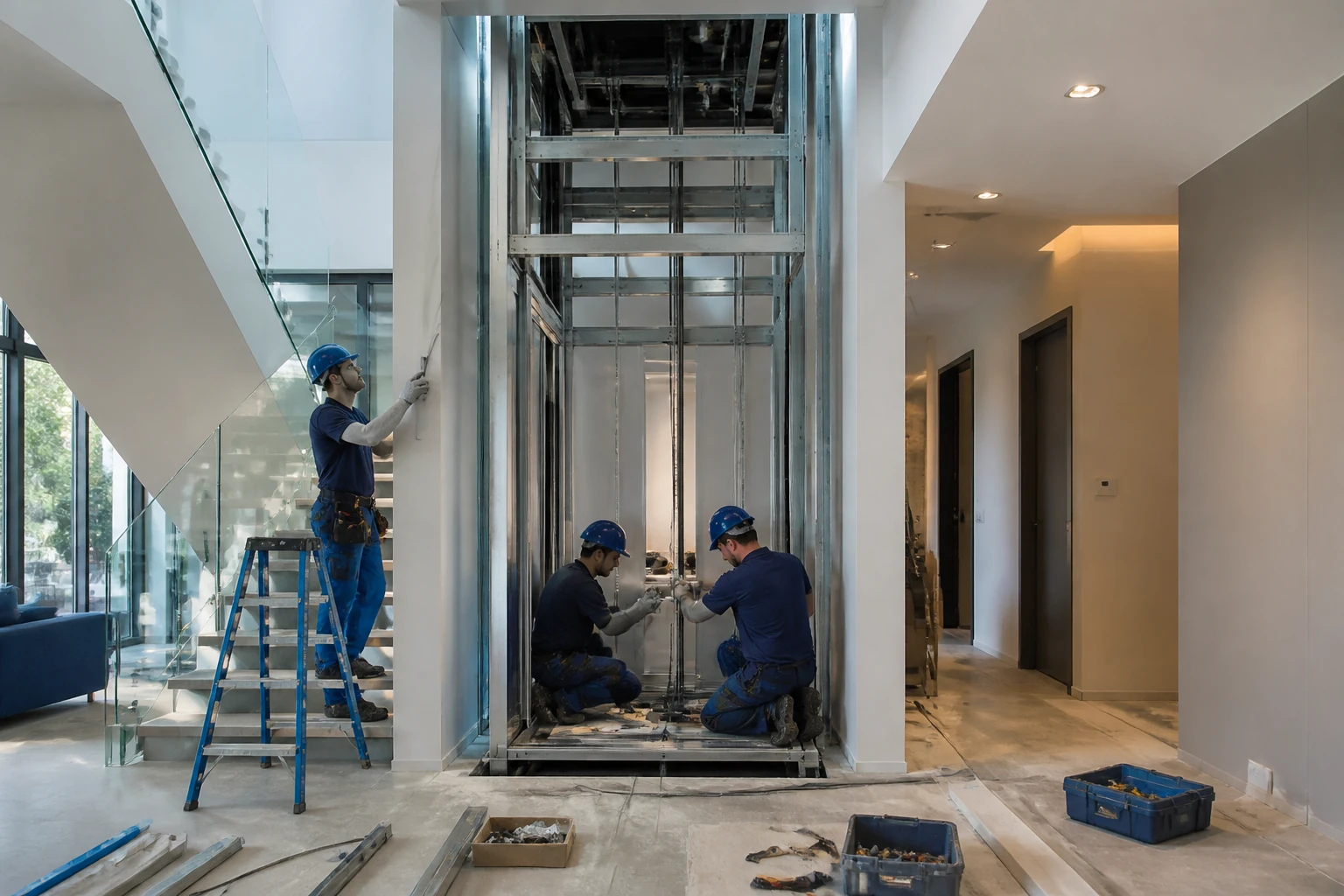 Technicians installing a home lift in a residential house showing installation cost and construction work